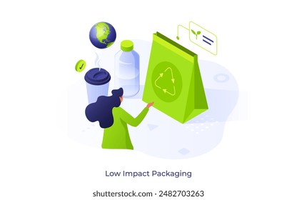 Woman choosing recyclable and reusable containers for products. Low impact packaging concept isometric vector illustration. Taking care of global environment cartoon character colour composition