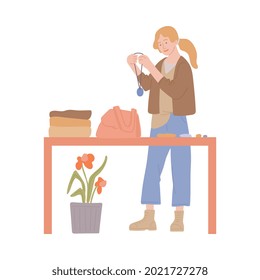 Woman choosing second hand accessories and cloth on swap party, sketch vector illustration isolated on white background. Reduce and responsible mindful living.