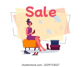 Woman choosing shoes in store on sale vector illustration. Female character trying on high heels. Sale lettering, percent signs on background. Fashion, shopping, sale concept for banner or web design