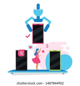 Woman choosing smartphone flat vector illustration. Girl buying phone in appliance store cartoon characters. Consumer in store selecting cell phone. Customer, teenager doing purchases in mall