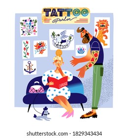 Woman choosing tattoo in salon waiting room. Girl looking at catalogue and sitting on couch, tattooist master waiting. Vintage style pattern vector illustration. Retro studio interior design.