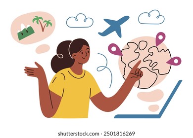 Mujer que elige el destino del viaje, Ilustración vectorial en estilo plano de la historieta. Usando la computadora portátil y el teléfono inteligente para elegir y reservar lugares de vacaciones. Ideal para agencias de turismo. App de viajes y planificación de viajes