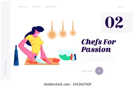 Woman Chopping Vegetables Cooking on Kitchen at Home Preparing Delicious and Healthy Food for Dating or Dinner, Spare Time. Website Landing Page, Web Page. Cartoon Flat Vector Illustration, Banner