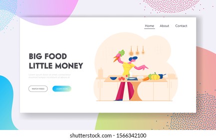 Woman Chopping Vegetables Website Landing Page. Happy Girl Cooking on Kitchen at Home Preparing Healthy Food for Romantic Dating or Dinner Spare Time Web Page Banner. Cartoon Flat Vector Illustration