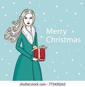 Woman with Christmas gift box. Blue and snow background. Hand drawn vector illustration for greeting cards and holiday design