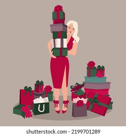 Woman with Christmas gift boxes. Women with bags and presents, preparing for winter holidays at Xmas and New Year eve. Flat vector illustration