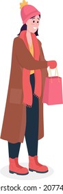 Woman with Christmas gift semi flat color vector character. Standing figure. Full body person on white. Holiday celebration isolated modern cartoon style illustration for graphic design and animation