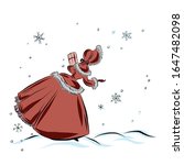 Woman with christmas gift walks under snowfall. Lady in vintage style from the nineteenth century.
