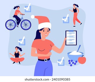 Woman in Christmas hat with resolution list. Vector illustration. Woman riding bike, doing yoga, jogging, eating healthy food. Health, wellness, New Year resolution concept