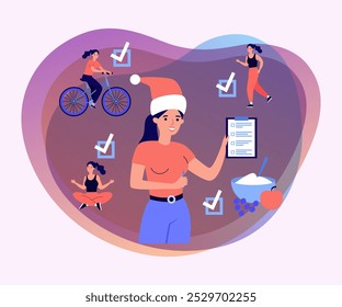 Woman in Christmas hat with resolution list. Vector illustration. Woman riding bike, doing yoga, jogging, eating healthy food. Health, wellness, New Year resolution concept