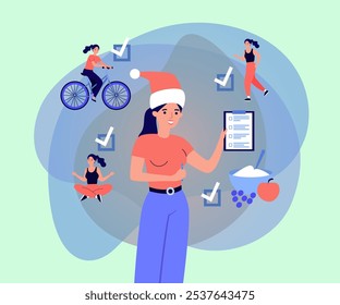 Woman in Christmas hat with resolution list. Vector illustration. Woman riding bike, doing yoga, jogging, eating healthy food. Health, wellness, New Year resolution concept