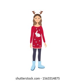 Woman in Christmas Headband Reindeer Antler. Girl in red jumper with image of white bunny and snowflakes isolated on white background. Vector winter holiday illustration in cartoon simple flat style.