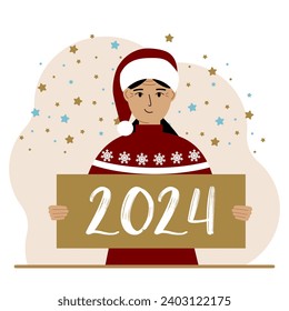 A woman in a Christmas red hat with snowflakes holds a Happy New Year 2024 card.