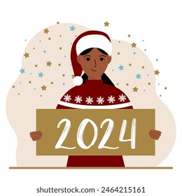 A woman in a Christmas red hat with snowflakes holds a Happy New Year 2024 card.