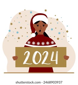 A woman in a Christmas red hat with snowflakes holds a Happy New Year 2024 card. Vector flat illustration