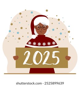 A woman in a Christmas red hat with snowflakes holds a Happy New Year 2025 card. Vector flat illustration