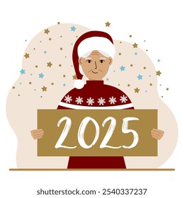 A woman in a Christmas red hat with snowflakes holds a Happy New Year 2025 card. Vector flat illustration