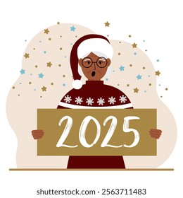 A woman in a Christmas red hat with snowflakes holds a Happy New Year 2025 card.