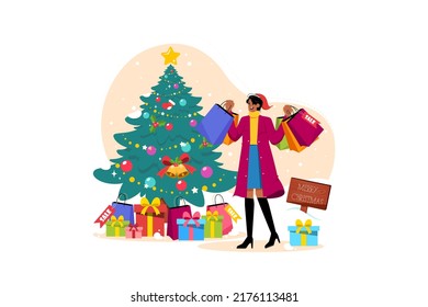 Woman with Christmas shopping bags flat illustration concept on white background