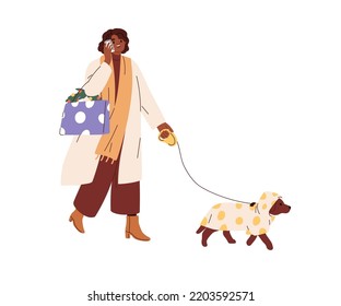 Mujer con bolsas de compras de Navidad, hablando por teléfono móvil, caminando con perro. Chica feliz con compras de vacaciones de invierno en la calle. Ilustración vectorial gráfica plana aislada en fondo blanco