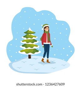 woman with christmas sweater and hat in snowscape