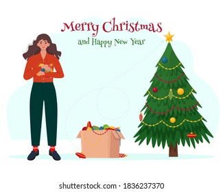 Woman with Christmas toys decorates the Christmas tree. Vector illustration in cartoon flat style
