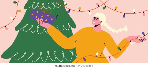 Woman  with Christmas tree and gift. Happy New Year illustration. Fun vector for banner, postcard, T shirt, cover and more. 