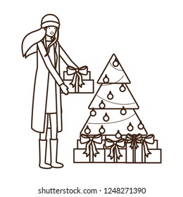 woman with christmas tree and gifts boxs