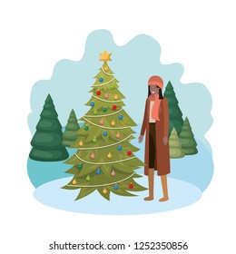 woman with christmas tree in landscape