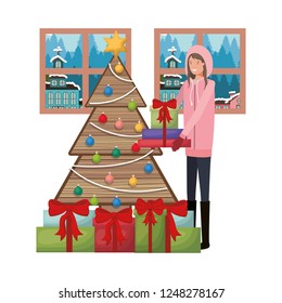 woman with christmas tree and landscape view