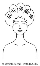 Woman with chubby cheeks in a flowered bathing cap. Contented smile on her face, eyes narrowed. Sketch. Miss put on a cap to keep her hair dry while taking a shower. Vector illustration. 