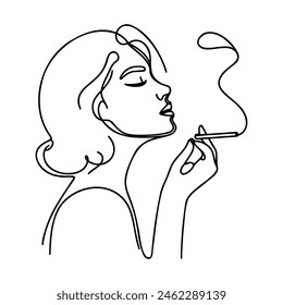 Woman with a cigarette in her mouth one line drawing on white isolated background