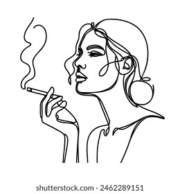 Woman with a cigarette in her mouth one line drawing on white isolated background