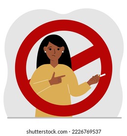 A woman with a cigarette in his hand. Around the woman is a red prohibition sign. The concept of addiction to smoking and the ban on smoking. Vector flat illustration