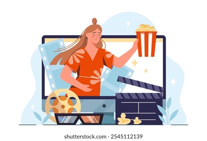 Woman with cinema online. Young girl with popcorn and directors clapperboard on computer screen. Movie and series, films on internet. Entertainment, fun and leisure. Flat vector illustration