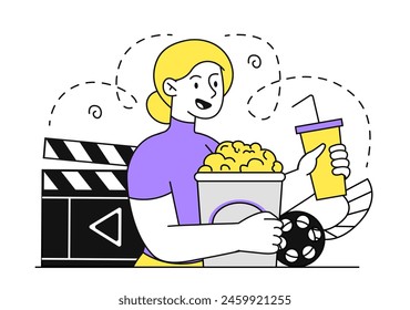 Woman with cinema simple. Young girl with cup of soda and basket of pop corn. Clapperboard and film tape reel. Cinema and series. Entertainment, fun and leisure. Doodle flat vector illustration