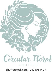 Cara de perfil de círculo femenino y flores peluquería de peluquería floral belleza spa o concepto similar