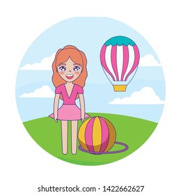 woman circus with balloon air hot in frame circular