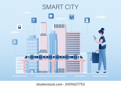 Eine Bürgerin in einer Smart City. Hyperkonnektivitätskonzept. Urbane Landschaft mit digitaler Integration, die Konnektivität im Stadtleben zeigt. Digitalisierung, automatisierter Transport. Flache Vektorillustration