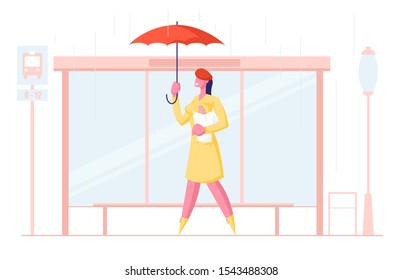 Woman City Dweller Holding Umbrella and Bread Stand on Bus Stop Waiting Transport in Rain on Urban Background in Spring Autumn Rainy Season Weather. Meteorology Storm. Cartoon Flat Vector Illustration