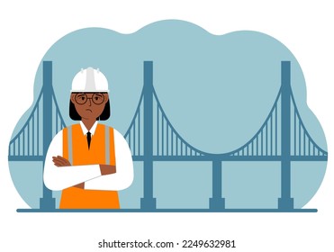 Woman civil engineer next to the bridge. The concept of civil engineering and construction. Vector flat illustration