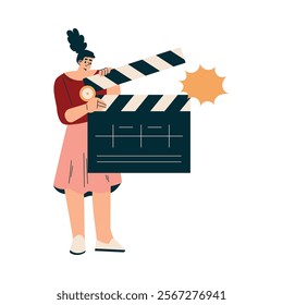 Woman with Clapperboard at Shooting Film Movie Production Scene Vector Illustration