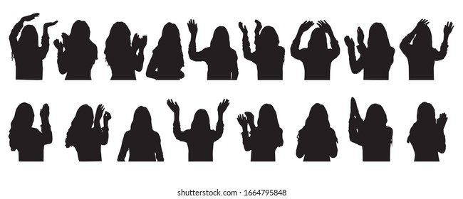 Woman claps palms, waves hands and greets, set of silhouettes. Vector illustration.