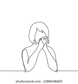 woman clasped her hands in a prayer gesture - one line art vector. concept prayer, mantra