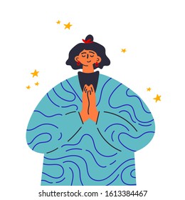 Woman clasped her hands in request.Gesture language.Woman show prayer gesture.Happy girl in dress with pattern stand in front.Flat vector illustration.Colorful cartoon characters.