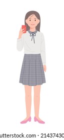 A woman in a classic checked skirt is holding a mobile phone and looking at it. flat design style vector illustration.