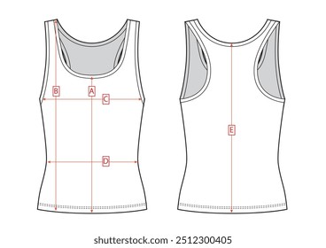 Woman classic top size chart. Shirt front and back sketch