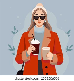 Woman in classy winter outfit holding paper coffee cup vector flat illustration. Fashion female wrapped in warm scarf standing with handbag isolated. Trendy girl demonstrate clothes and accessories