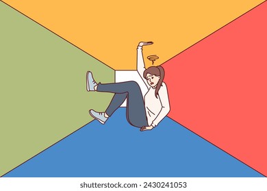 Woman with claustrophobia is caught in multi-colored trap and experiences stress, feeling pressure walls. Claustrophobia became cause of depression and mental disorder of girl in need of doctor help