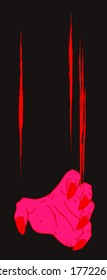 Woman claw with sharp nails drag on skin surface scratching for blood, horror concept illustration